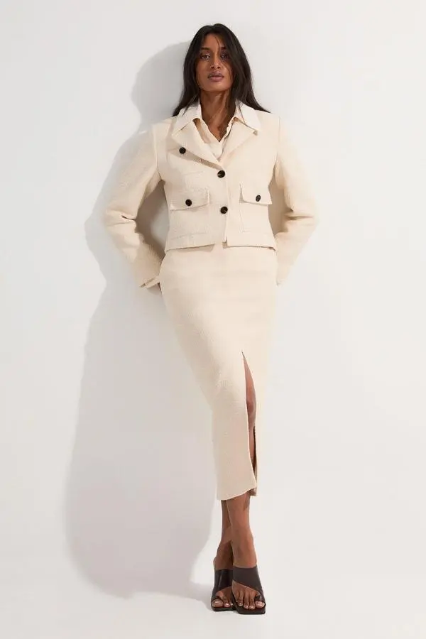 Textured Tweed Tailored Pencil Skirt - Cream