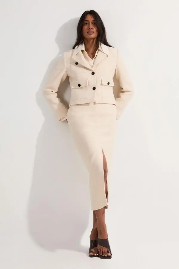 Textured Tweed Tailored Pencil Skirt - Cream