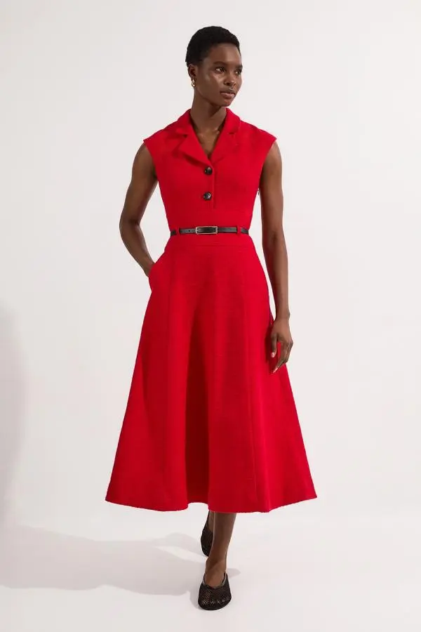Petite Textured Tweed Belted Full Skirted Midi Dress - Red
