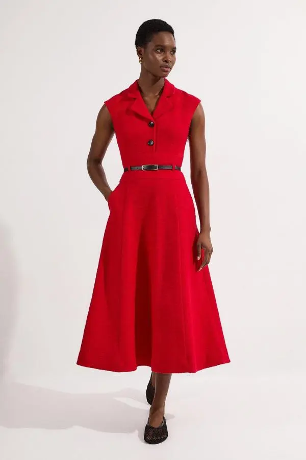 Petite Textured Tweed Belted Full Skirted Midi Dress - Red