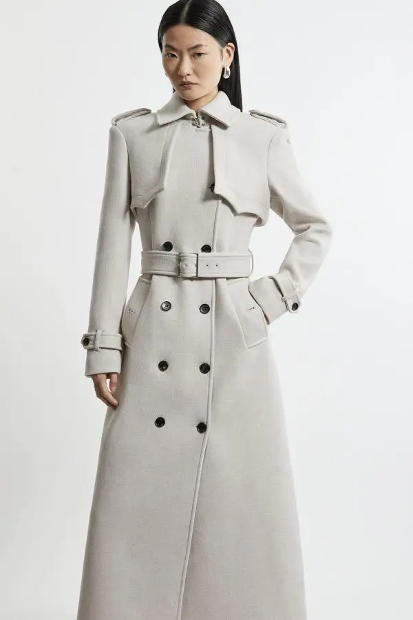 Petite ltalian Wool Tailored Belted Trench Coat - Oatmeal