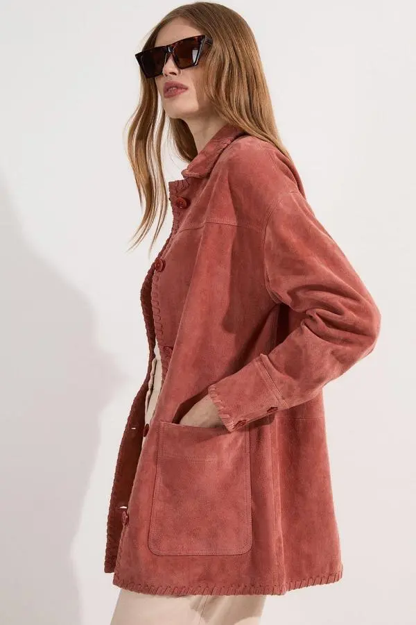 Suede Whip Stitch Detail Collared Jacket - Tan