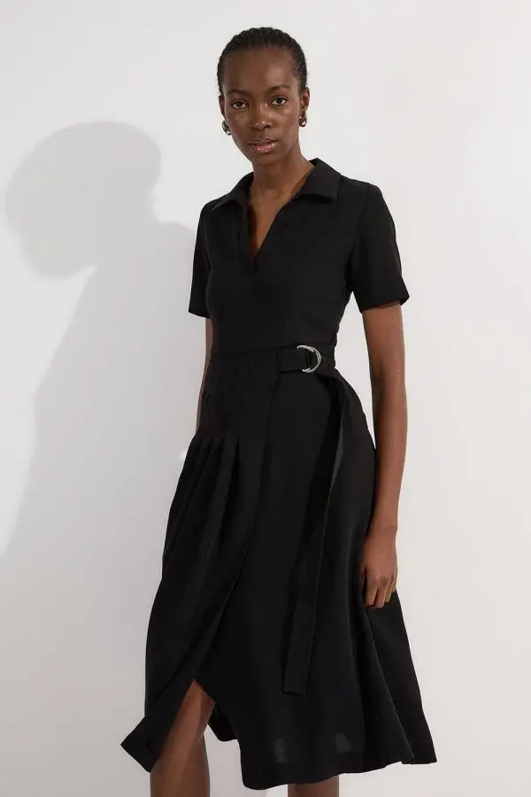 Soft Tailored Pleated Belted Midi Dress - Black