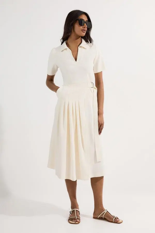 Soft Tailored Pleated Belted Midi Dress - Ivory