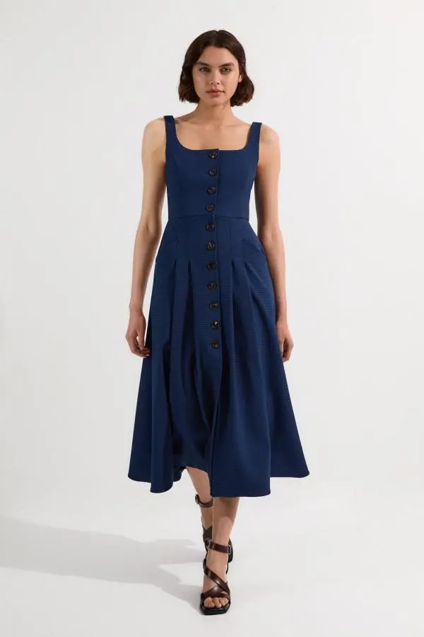Tailored Textured Button Though Strappy Full Midi Dress - Navy