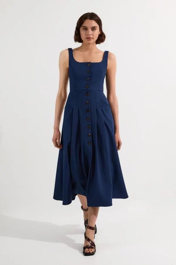 Tailored Textured Button Though Strappy Full Midi Dress - Navy