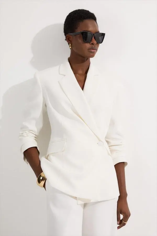 Compact Stretch Stab Stitch Asymmetric Wrap Tailored Blazer - Ivory