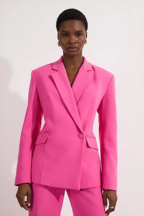 Compact Stretch Stab Stitch Asymmetric Wrap Tailored Blazer - Pink