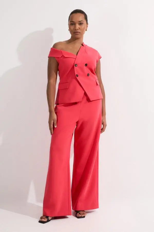 Plus Size Compact Stretch Asymmetric Collar Wide Leg Tailored Jumpsuit - Pink