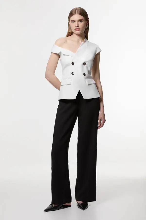 Compact Stretch Asymmetric Collar Wide Leg Tailored Jumpsuit - Mono