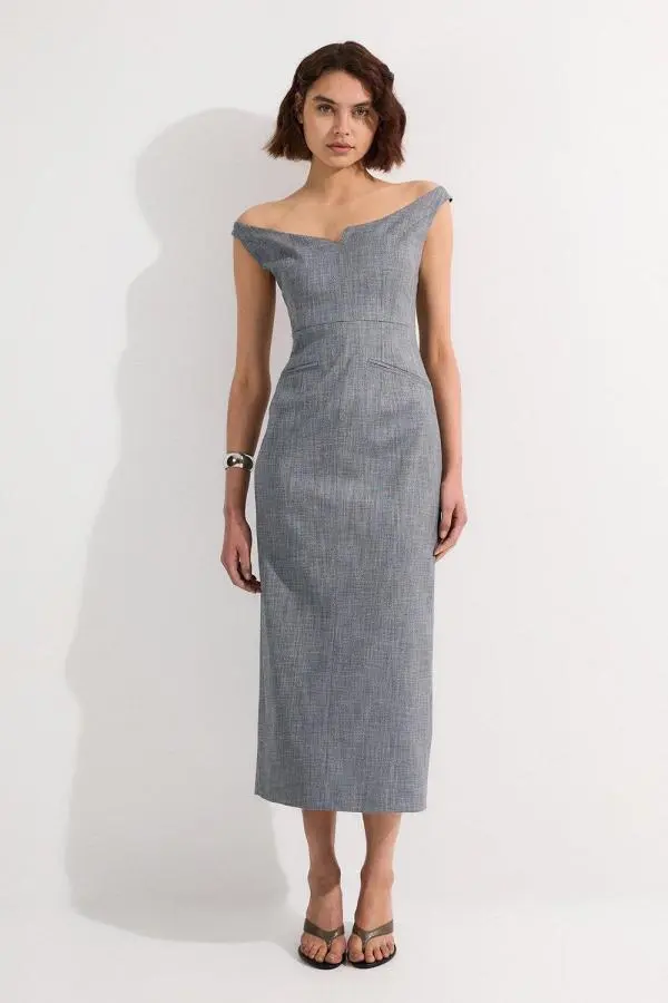 Tailored Marl Strappy Pencil Maxi Dress - Navy