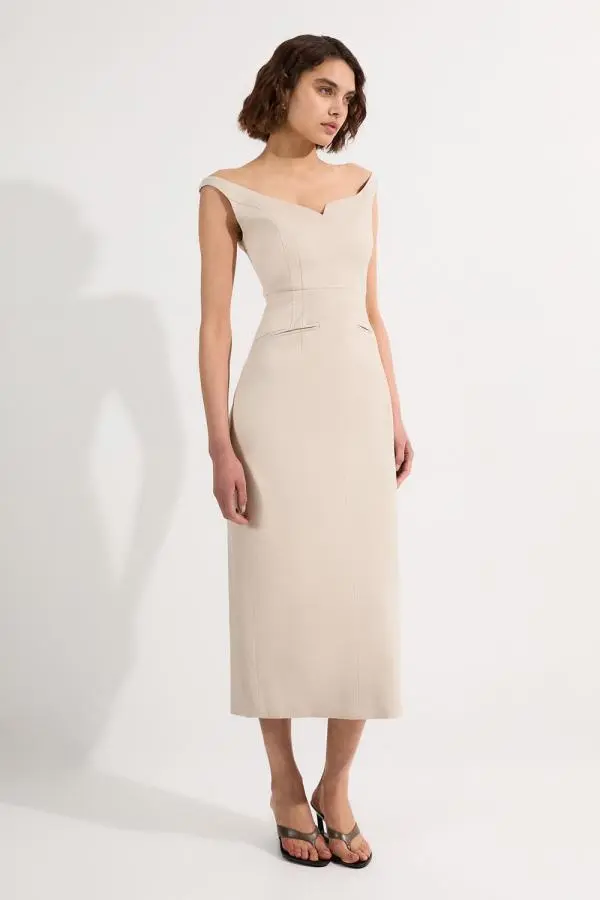 Tailored Marl Strappy Pencil Maxi Dress - Neutral