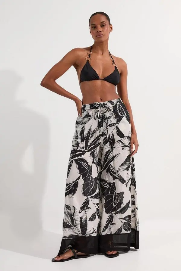Palm Border Print Cotton Voile Beach Trousers - Mono