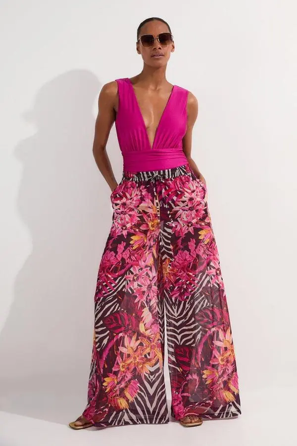 Beach Tropical Georgette Wide Leg Woven Trouser - Pink