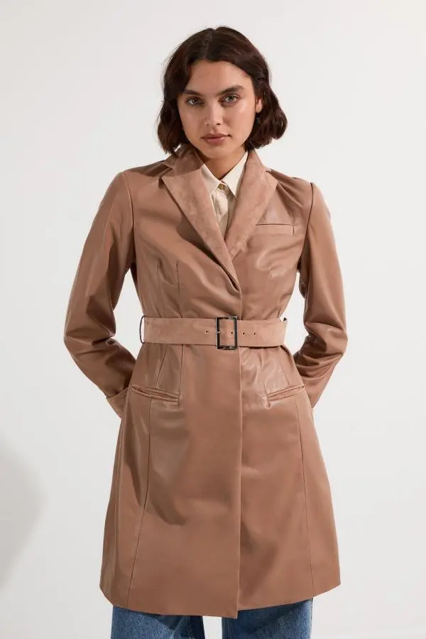 Suede & Leather Belted Trench Coat - Camel