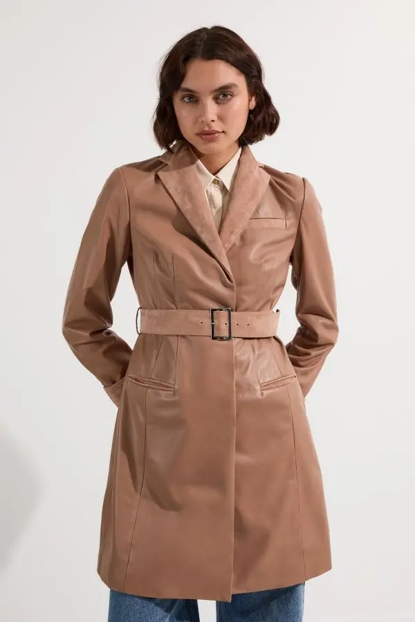 Suede & Leather Belted Trench Coat - Camel