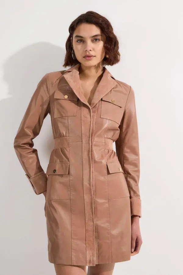 Suede & Leather Button Through Mini Dress - Camel