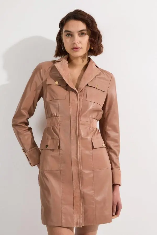 Suede & Leather Button Through Mini Dress - Camel