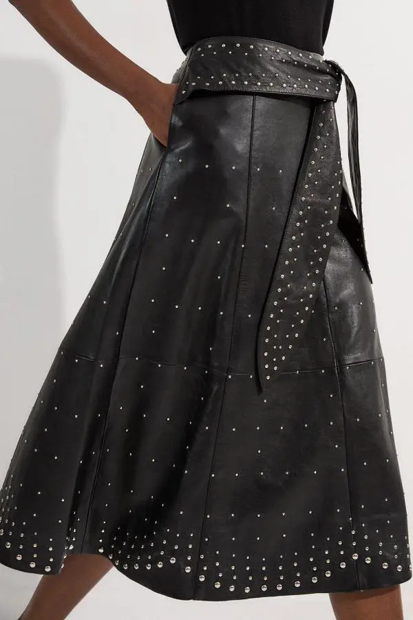 Studded Leather Tie Belted Full Midi Skirt - Black