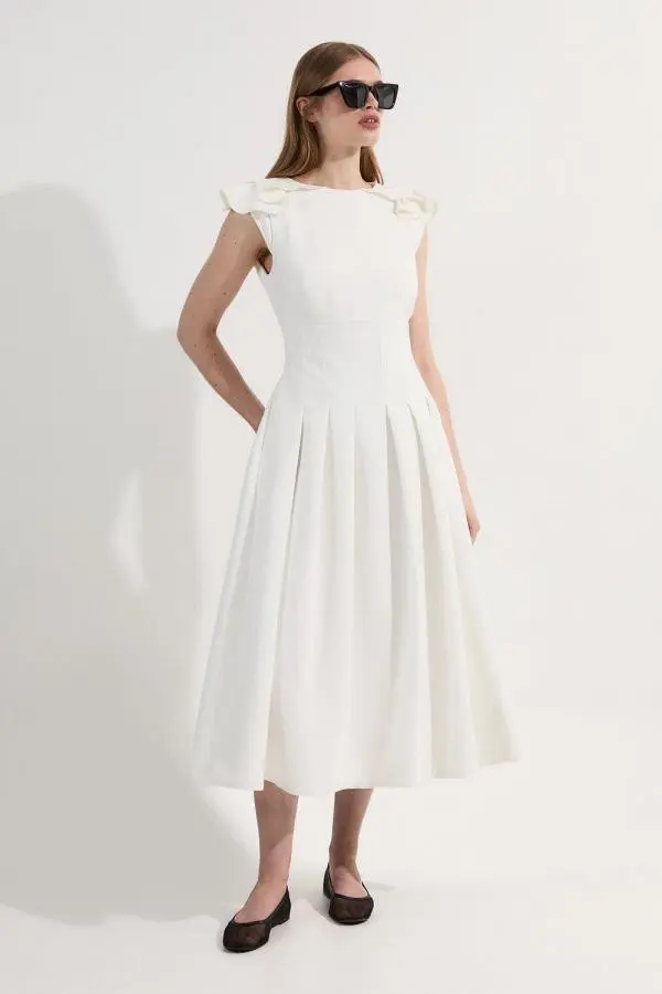 Structured Crepe Ruffle Shoulder Tailored Full Skirted Midi Dress - Ivory