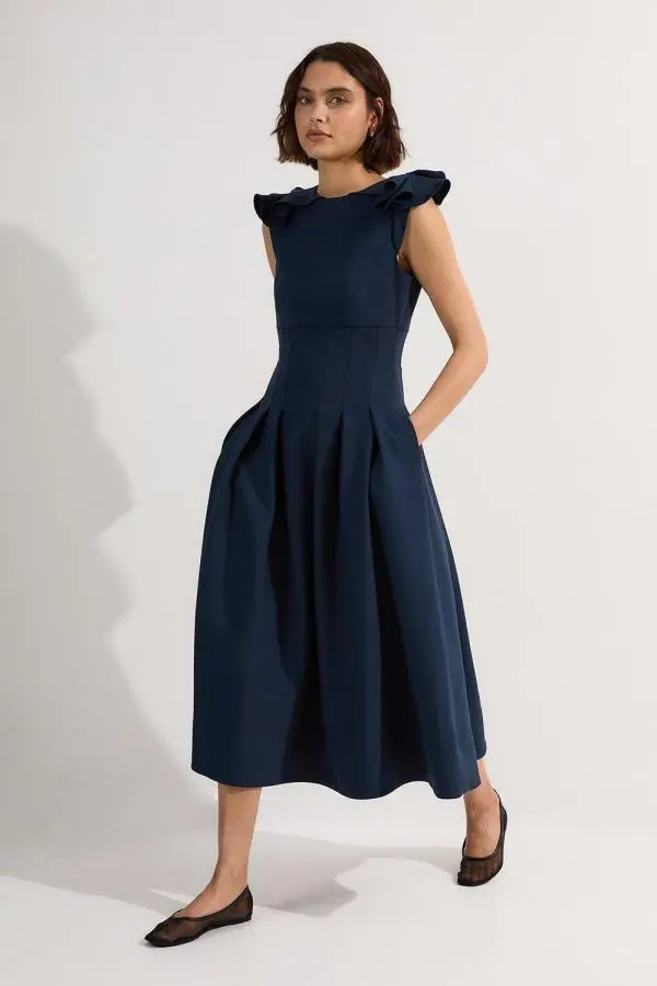 Structured Crepe Ruffle Shoulder Tailored Full Skirted Midi Dress - Navy