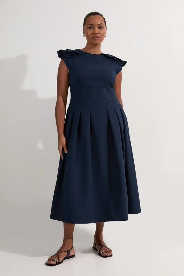Plus Size Structured Crepe Ruffle Shoulder Tailored Full Skirted Midi Dress - Navy