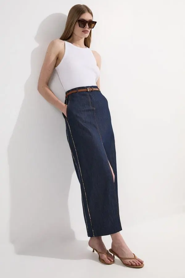 Archive Collection - Tailored Denim Belted Pocket Detail Maxi Skirt - Indigo