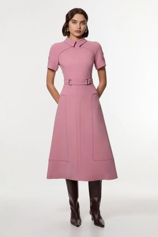 Petite Compact Stretch Tab Detail Full Skirted Midi Dress - Dusty Pink