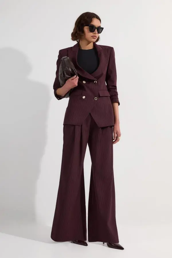 Pinstripe Corseted Tailored Wide Leg Trouser - Red