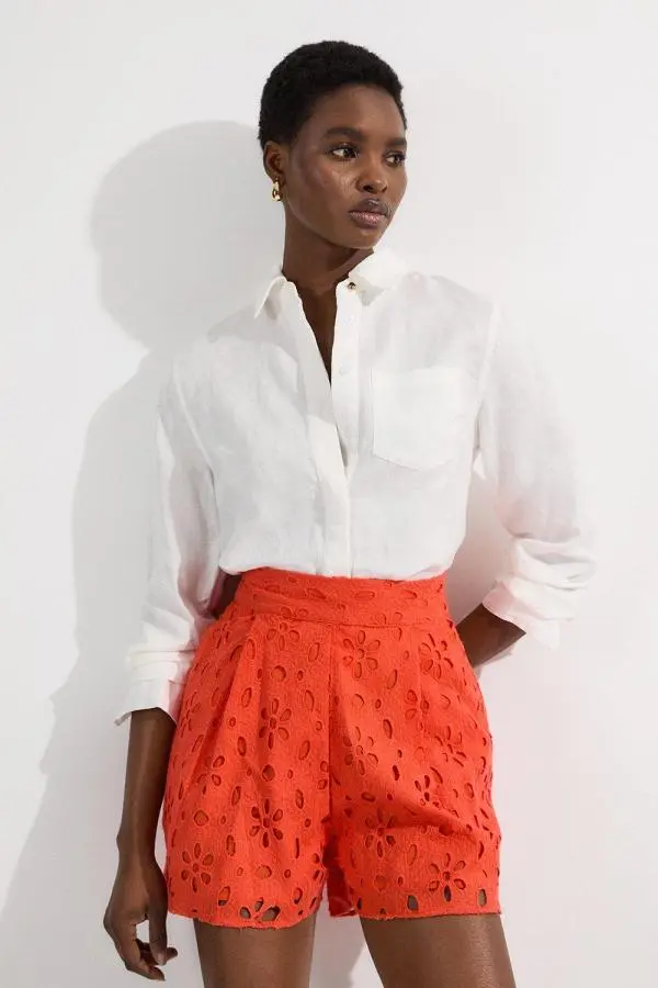 Cotton Broderie Woven Short - Orange