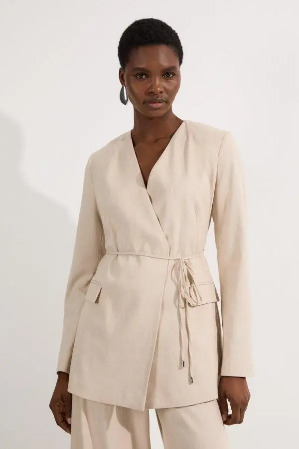 Tailored Marl Tie Waist Blazer - Neutral