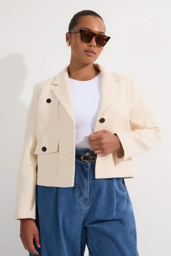 Plus Size Textured Tweed Cropped Tailored Jacket - Cream