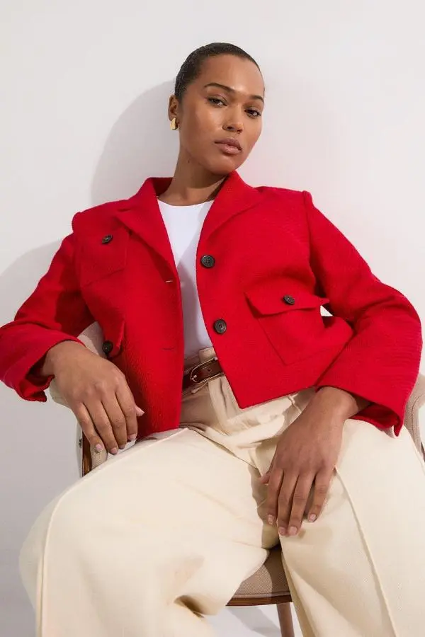 Plus Size Textured Tweed Cropped Tailored Jacket - Red
