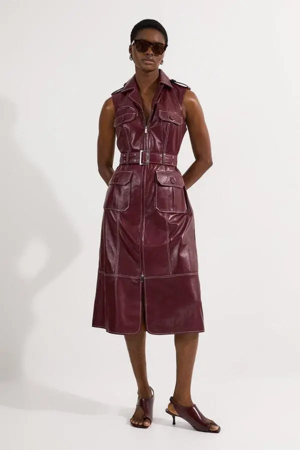 Leather Contrast Stitch Belted Sleeveless Midi Dress - Red