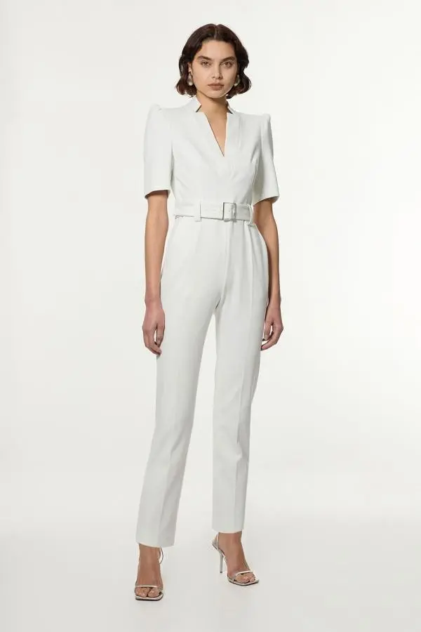 Petite Structured Crepe Forever Belted Jumpsuit - Ivory