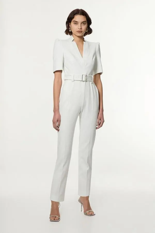 Petite Structured Crepe Forever Belted Jumpsuit - Ivory