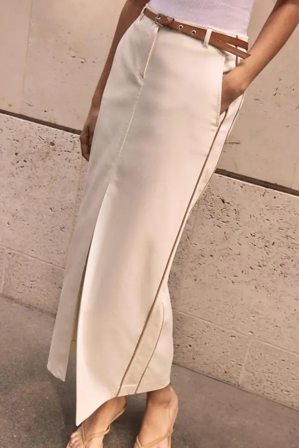 Archive Collection - Tailored Denim Belted Pocket Detail Maxi Skirt - Ivory