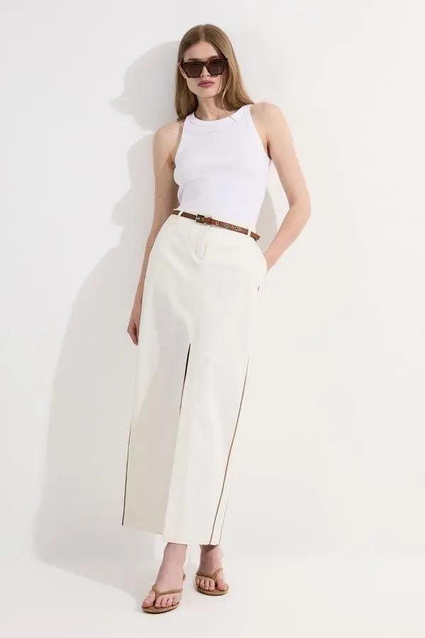 Archive Collection - Tailored Denim Belted Pocket Detail Maxi Skirt - Ivory