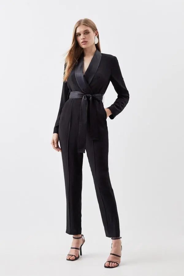 Tailored Tuxedo Wrap Jumpsuit - Black