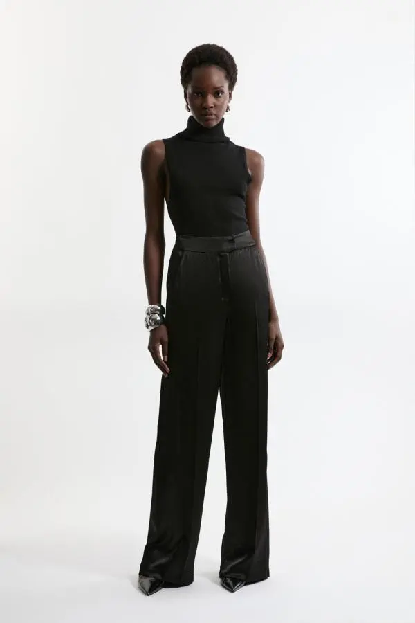 Tailored Viscose Satin Back Crepe Wide Leg Trousers - Black