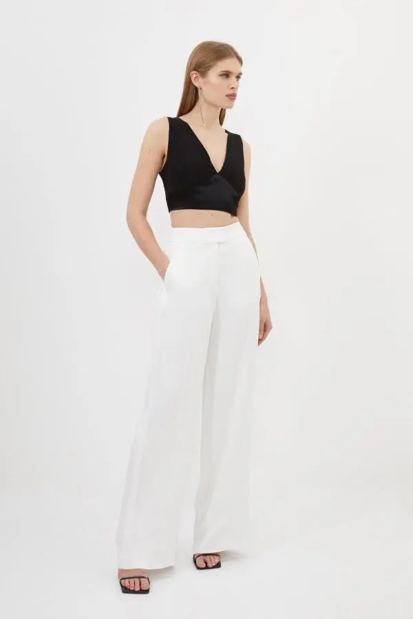 Tailored Viscose Satin Back Crepe Wide Leg Trousers - Ivory