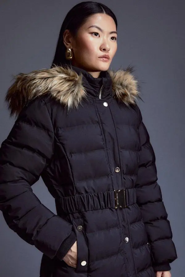 Heat Seal Puffer Belted Faux Fur Hood Longline Jacket - Black