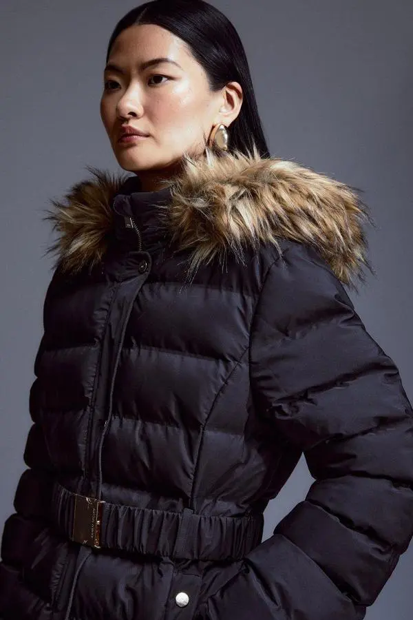 Heat Seal Puffer Belted Faux Fur Hood Jacket - Black