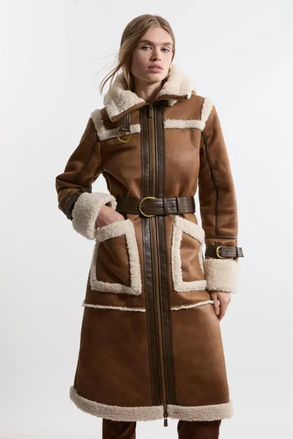 Faux Shearling Contrast Trim Hooded Midi Coat - Tan