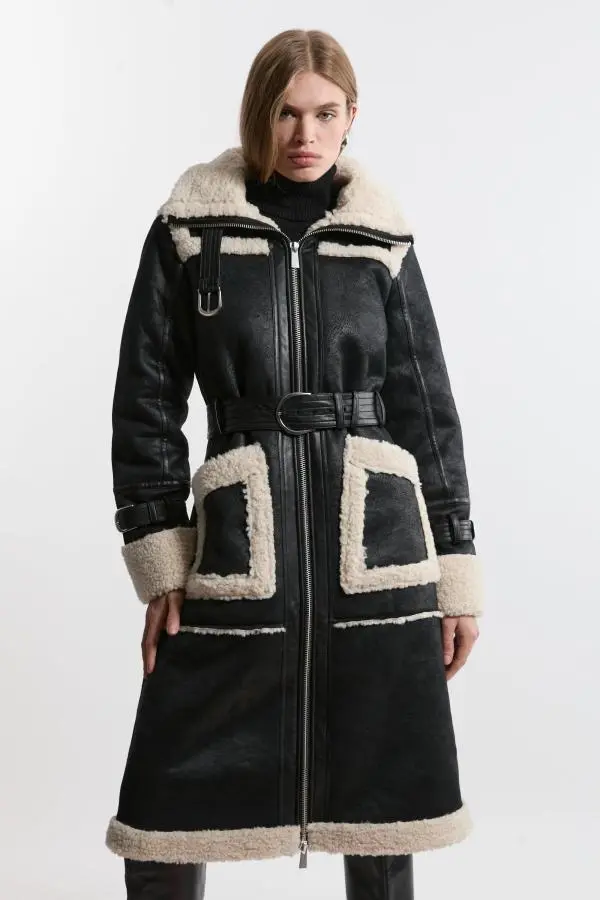 Faux Shearling Contrast Trim Hooded Midi Coat - Mono
