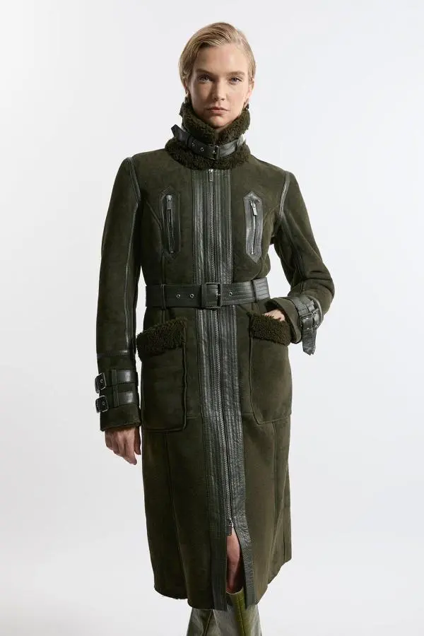 Leather And Shearling Mix Long Aviator Coat - Olive