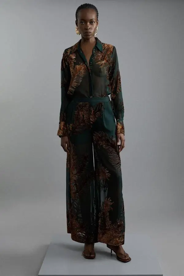 Feather Devore Woven Wide Leg Trousers - Green