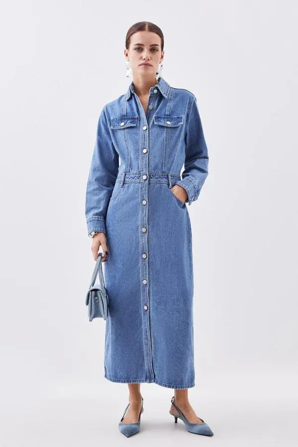 Petite Denim Long Sleeve Midi Shirt Dress - Mid Wash