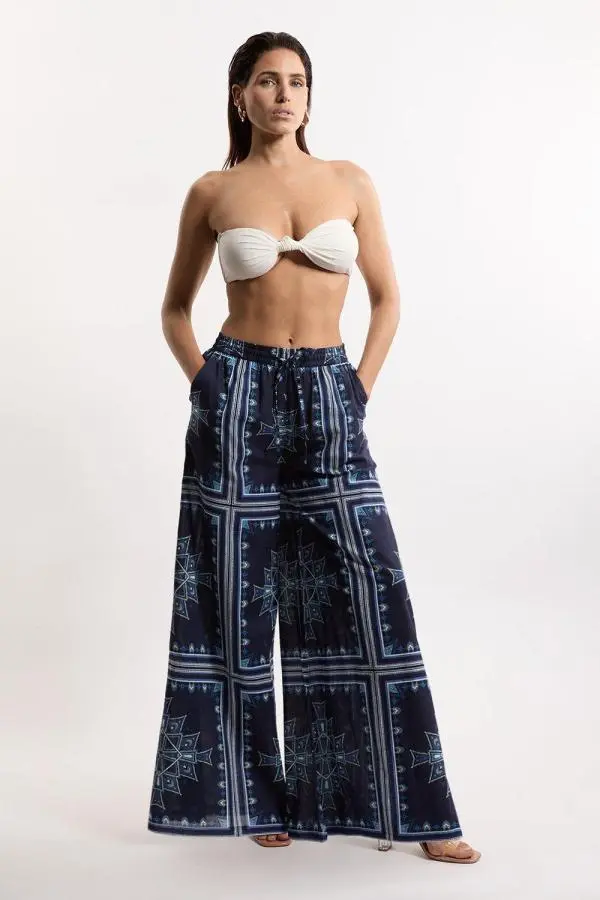 Printed Cotton Voile Beach Trousers - Navy