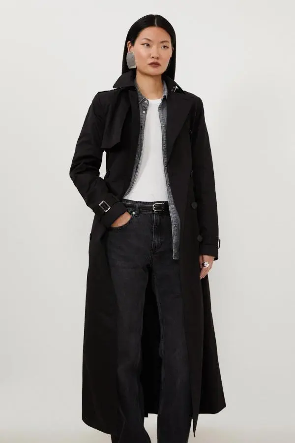 Petite Tailored Classic Belted Trench Coat - Black